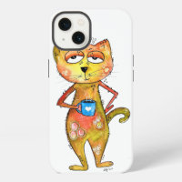 Cute Whimsical Tired Cat Drinking Coffee