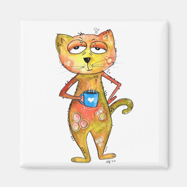 Cute Whimsical Tired Cat Drinking Coffee Magnet (Front)