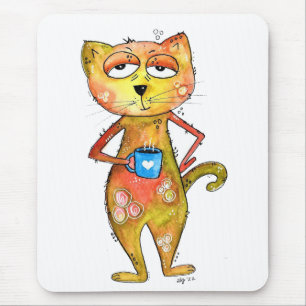Cute Whimsical Tired Cat Drinking Coffee Mouse Mat