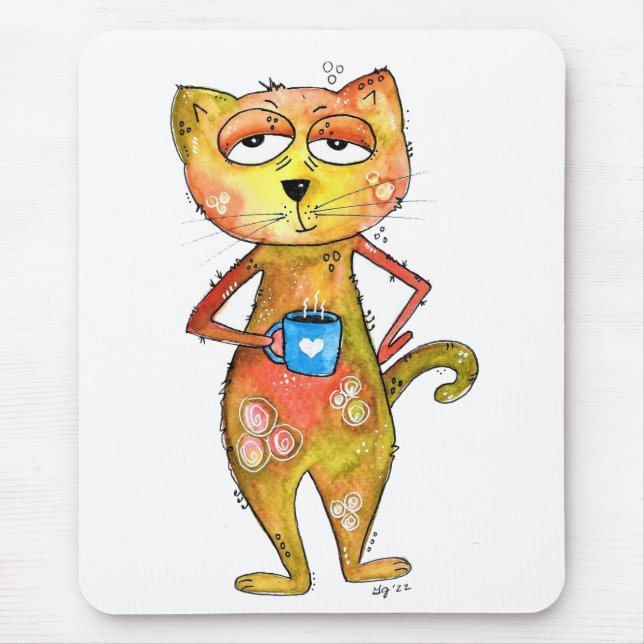 Cute Whimsical Tired Cat Drinking Coffee Mouse Mat (Front)