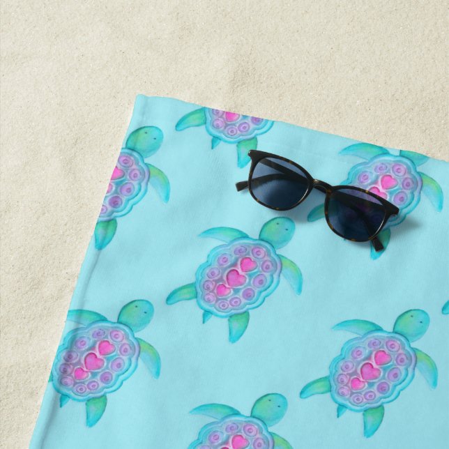 Cute whimsical turtle heart watercolor art towel (In Situ)