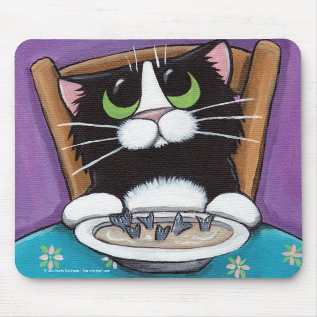 Cute Whimsical Tuxedo Cat Eating Fish Tail Soup Mouse Mat (Front)