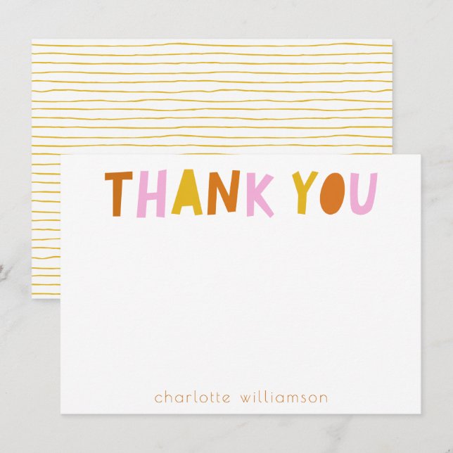 Cute Whimsical Typography Pink Rust Yellow Name Thank You Card (Front/Back)