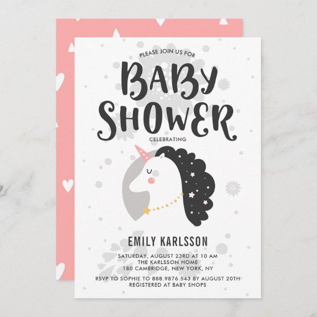Cute & Whimsical Unicorn Baby Shower Invitation I (Front/Back)
