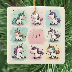 Cute Whimsical Unicorn Doodles Ceramic Ornament