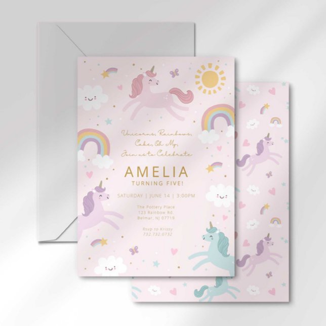 Cute Whimsical Unicorn Girl 5th Birthday Invitation (Creator Uploaded)