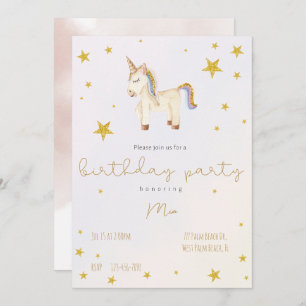 Cute whimsical Unicorn Gold Stars toddler birthday Invitation