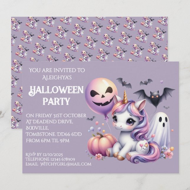 Cute Whimsical Unicorn Halloween Party  Invitation (Front/Back)