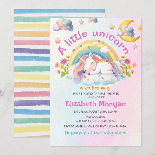 Cute Whimsical Unicorn Rainbow Girl Baby Shower Invitation (Front/Back)