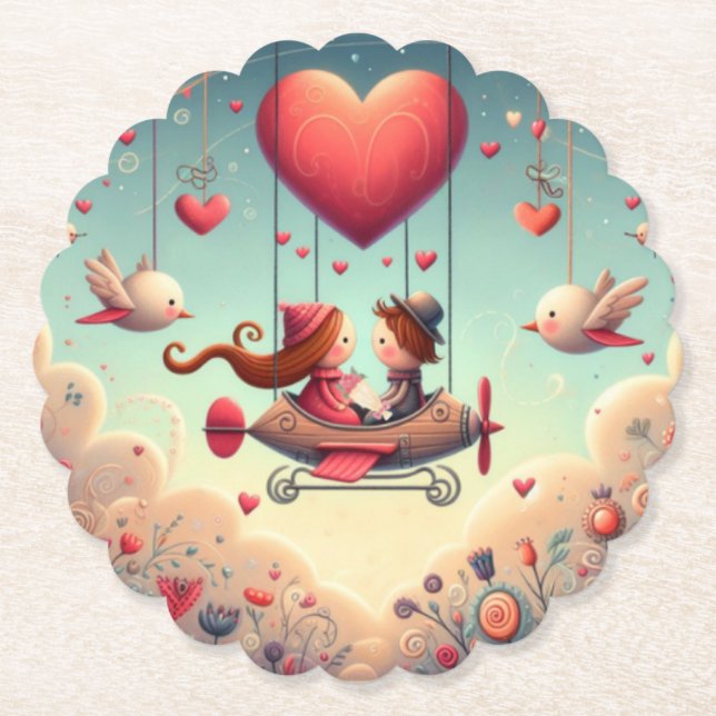 Cute whimsical Valentine's Day heart plane Paper Coaster (Front)