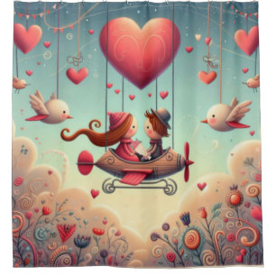 Cute whimsical Valentine's Day heart plane Shower Curtain