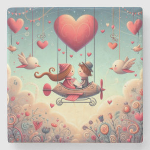 Cute whimsical Valentine's Day heart plane Stone Coaster
