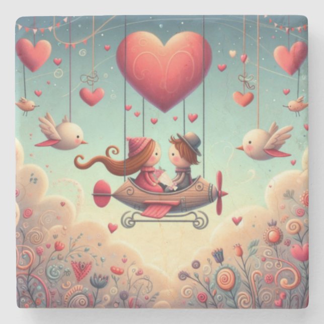 Cute whimsical Valentine's Day heart plane Stone Coaster (Front)