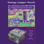 Cute Whimsical Vintage Camper Trailer and Beagle Jigsaw Puzzle<br><div class="desc">Cute whimsical vintage camper trailer jigsaw puzzle. The camper, sporting a red and white striped awning, is in a park setting underneath a large tree. A playful beagle, ready for the next adventure, is standing guard. An American flag flutters in the breeze. Two bicycles are parked next to the camper....</div>