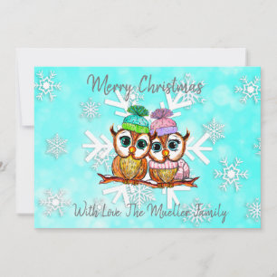Cute Whimsical Watercolor Christmas Owls Holiday Card