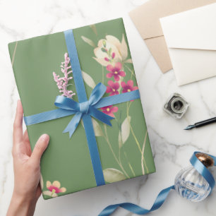 Cute Whimsical Watercolor Floral Pattern Green Wrapping Paper