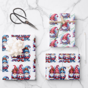 Cute Whimsical Watercolor Holiday Gnomes Wrapping Paper Sheet