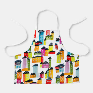 Cute whimsical watercolor houses apron