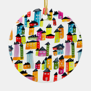 Cute whimsical watercolor houses ceramic tree decoration