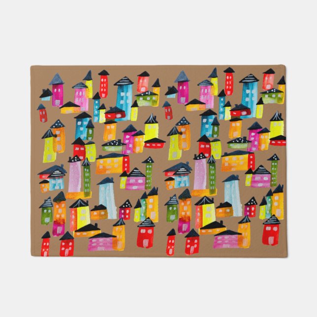 Cute whimsical watercolor houses doormat (Front)