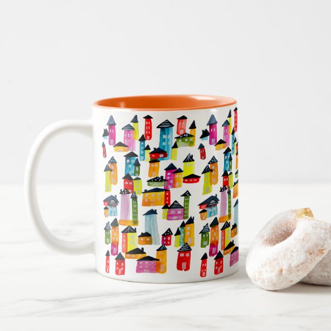 Cute whimsical watercolor houses Two-Tone coffee mug (With Donut)