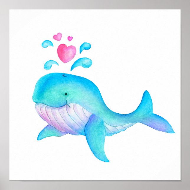 Cute whimsical whale heart spurt kids nursery art poster