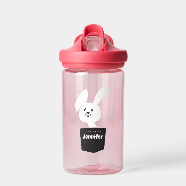 Cute Whimsical White Bunny Kids Name Cartoon Water Bottle (Front)