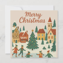 Cute Whimsical Winter Town Merry Christmas Card