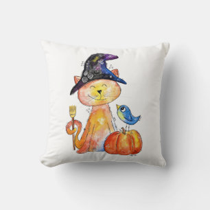 Cute Whimsical Witch Cat with Pumpkin Cushion