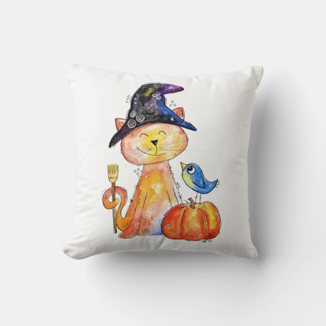 Cute Whimsical Witch Cat with Pumpkin Cushion (Front)