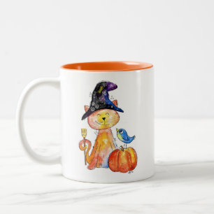 Cute Whimsical Witch Cat with Pumpkin Two-Tone Coffee Mug