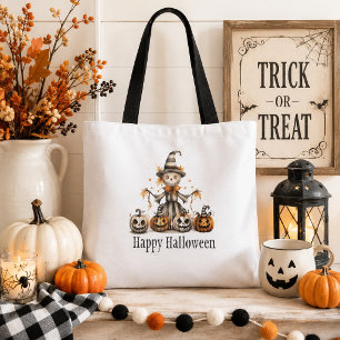 Cute Whimsical Witch Pumpkin Happy Halloween Tote Bag