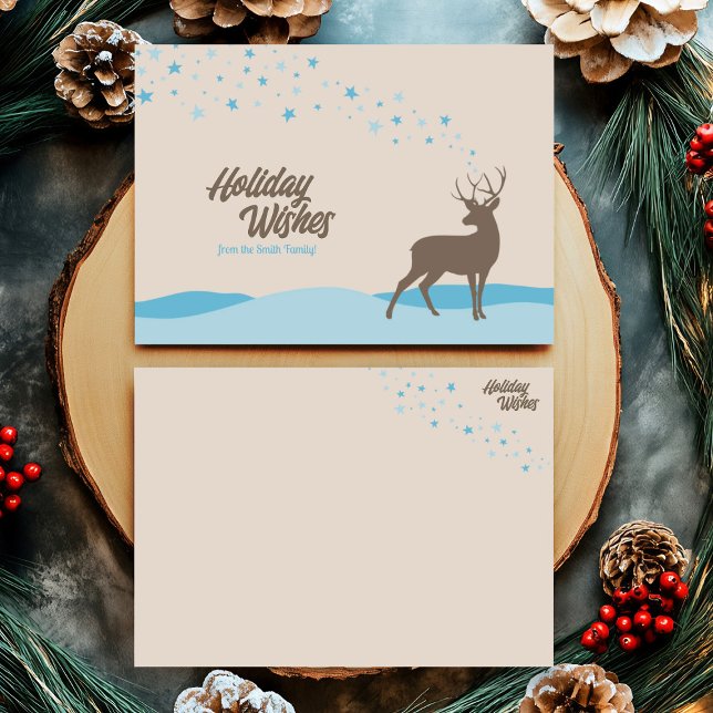 Cute whimsical without photo winter Woodland Deer Holiday Card (Whimsy non photo holiday card with deer in winter scene and light blue stars.)