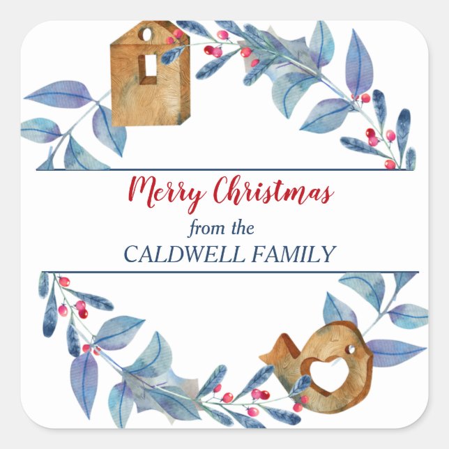 Cute Whimsical Wood Bird House Holiday Wreath Square Sticker (Front)