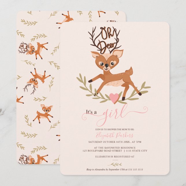 Cute whimsical woodland leaf oh deer baby shower  invitation (Front/Back)