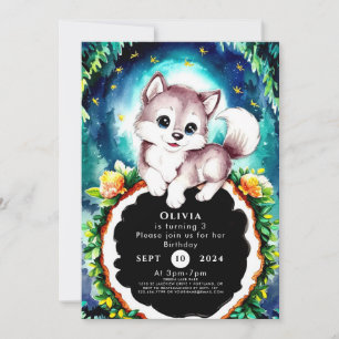 Cute Whimsical Woodland Wolf Birthday Invitation