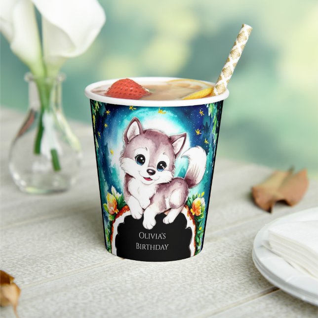 Cute Whimsical Woodland Wolf Birthday Paper Cups (Insitu)