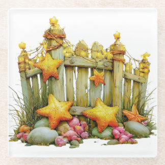CUTE WHIMSICAL YELLOW AND PINK SUMMER FENCE GLASS COASTER