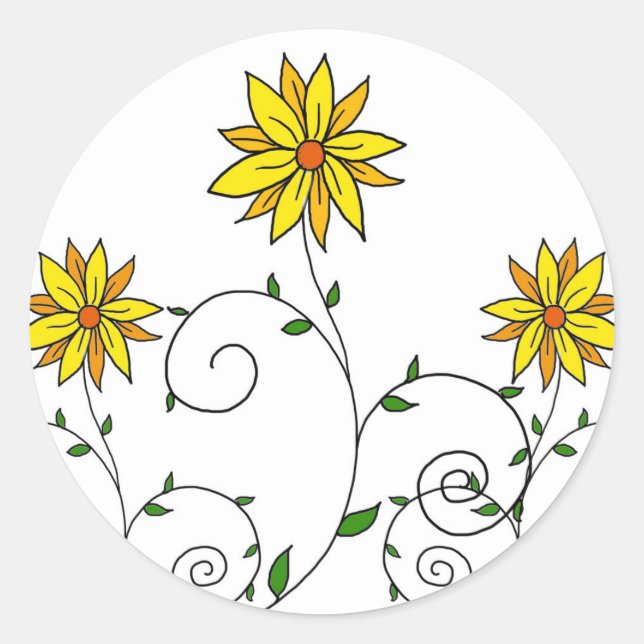 Cute Whimsical Yellow Flowers Doodle Art Classic Round Sticker (Front)