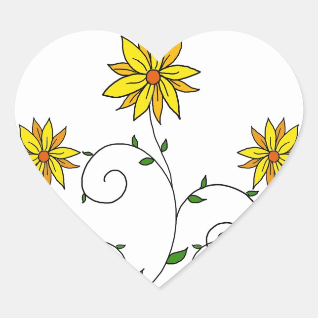 Cute Whimsical Yellow Flowers Doodle Art Heart Sticker (Front)
