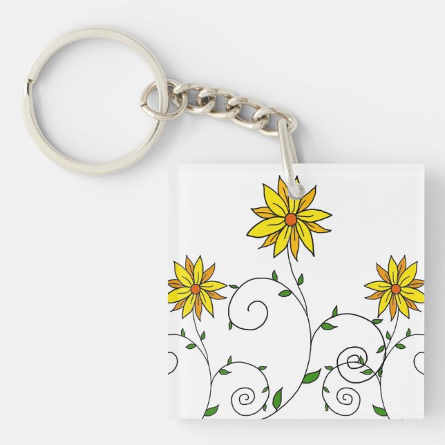 Cute Whimsical Yellow Flowers Doodle Art Key Ring (Front)