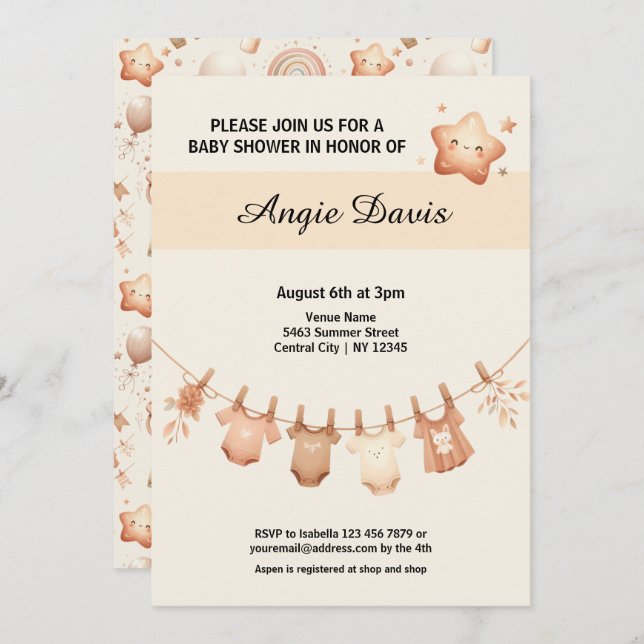 Cute Whimsy Baby Shower Clothes Line Invitation (Front/Back)