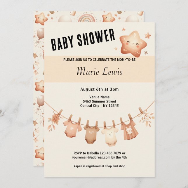 Cute Whimsy Baby Shower - Clothes Line Invitation (Front/Back)
