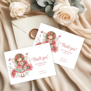 Cute Whimsy Fairy Pink Flowers 2nd Birthday Thank You Card