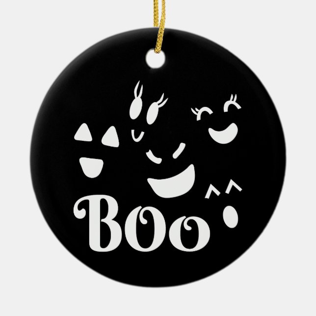 Cute Whimsy Halloween Ghost Faces Boo Black Ceramic Tree Decoration (Front)