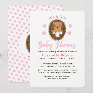 Cute Whimsy Hedgehog Pink Heart Baby Girl Shower Invitation