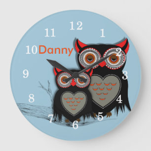 Cute Whimsy Owls Illustration Large Clock