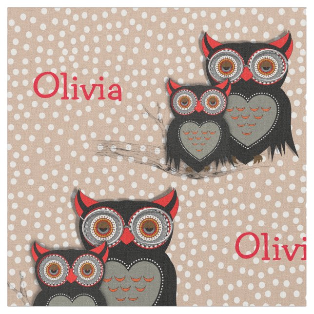 Cute Whimsy Owls On Polka Dot Personalised Fabric (Close Up)