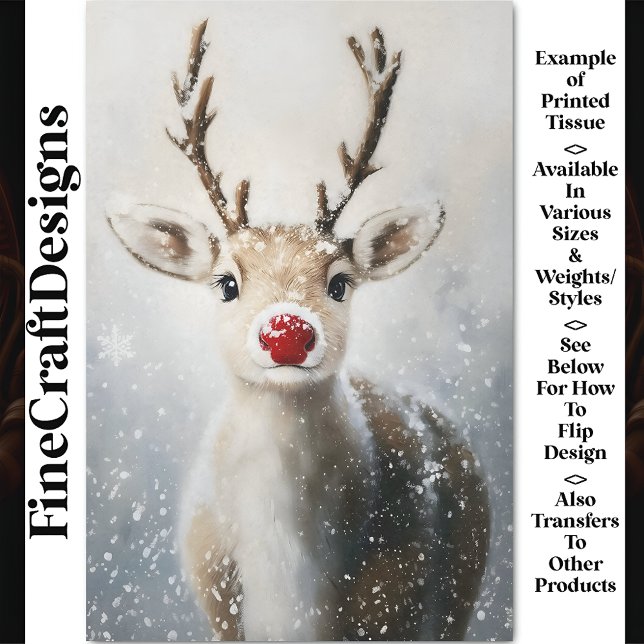 Cute Whimsy Rudolph Reindeer In Snow BW6 Decoupage Tissue Paper (Creator Uploaded)
