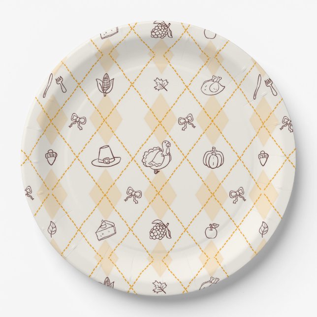 Cute Whimsy Thanksgiving Doodles Diamond Pattern Paper Plate (Front)